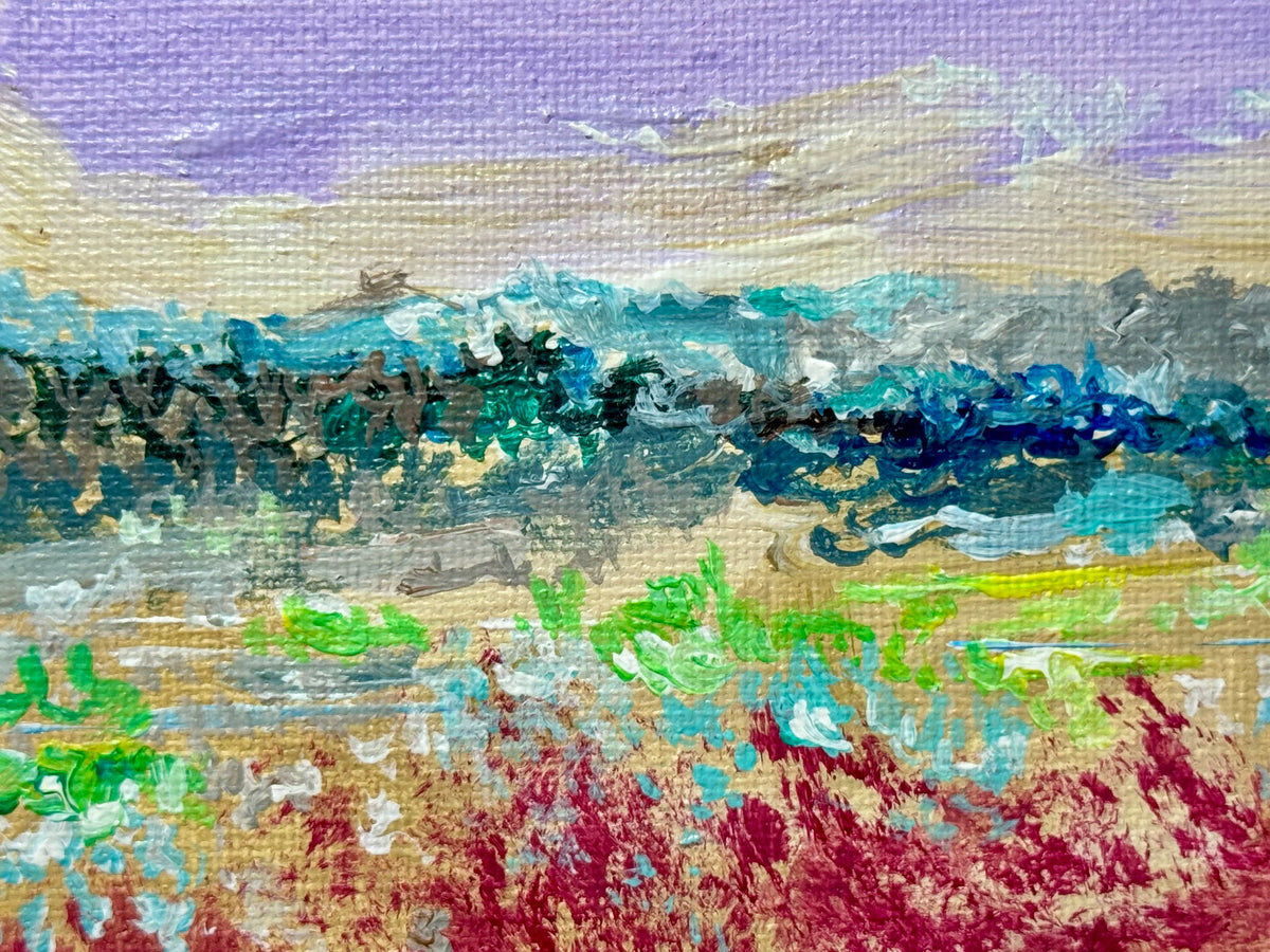 Blueberry Field Acrylic Painting 5x7", Maine Original Art, Landscape Wall Art