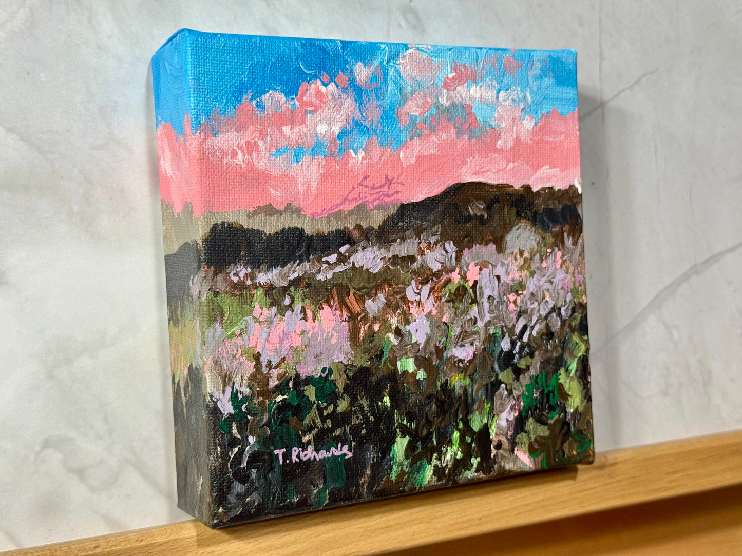 Pink Sunset Acrylic Painting 6x6, Original Art Landscape, Flower Field Wall Art, Meadow Artwork