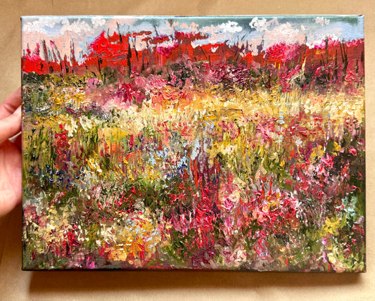 Fall in Maine Oil Painting 9x12", New England Landscape, Red Trees Forest and Wildflower Field, Stretched Canvas Wall Art