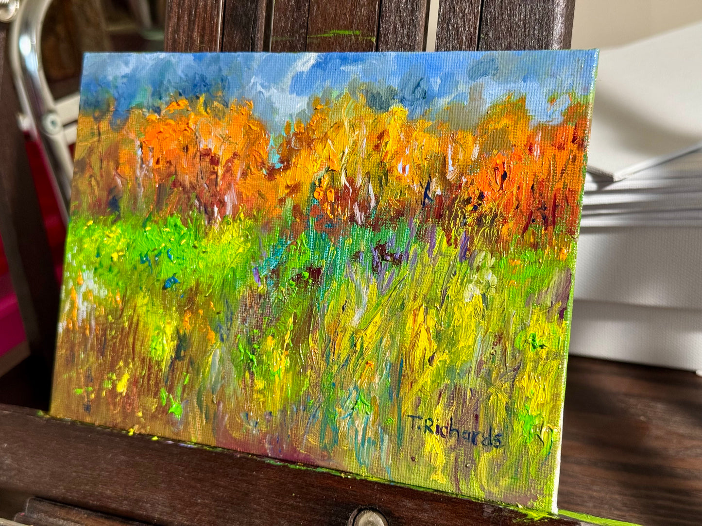 Autumn Oil Painting 5x7, Original Art Fall Landscape, Forest Field, Small Nature Art