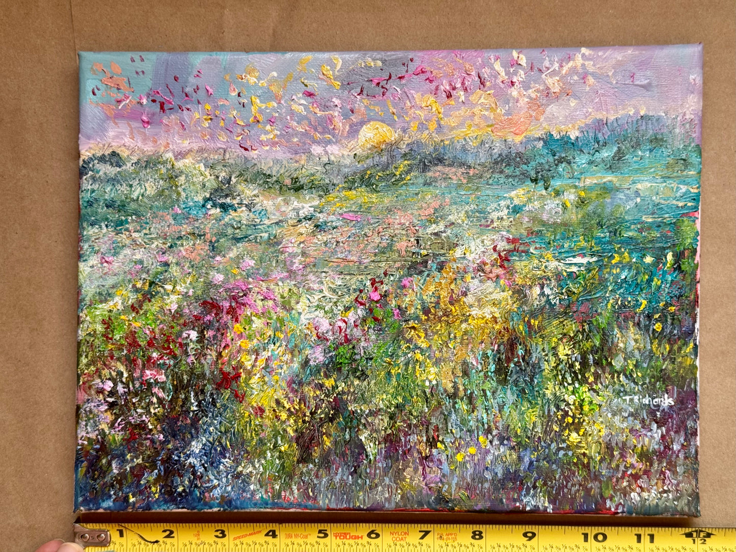 Sunrise Forest, Wildflower Landscape Field Original Art, 9x12 Oil Painting Artwork, Handmade Wall Art Nature Scene