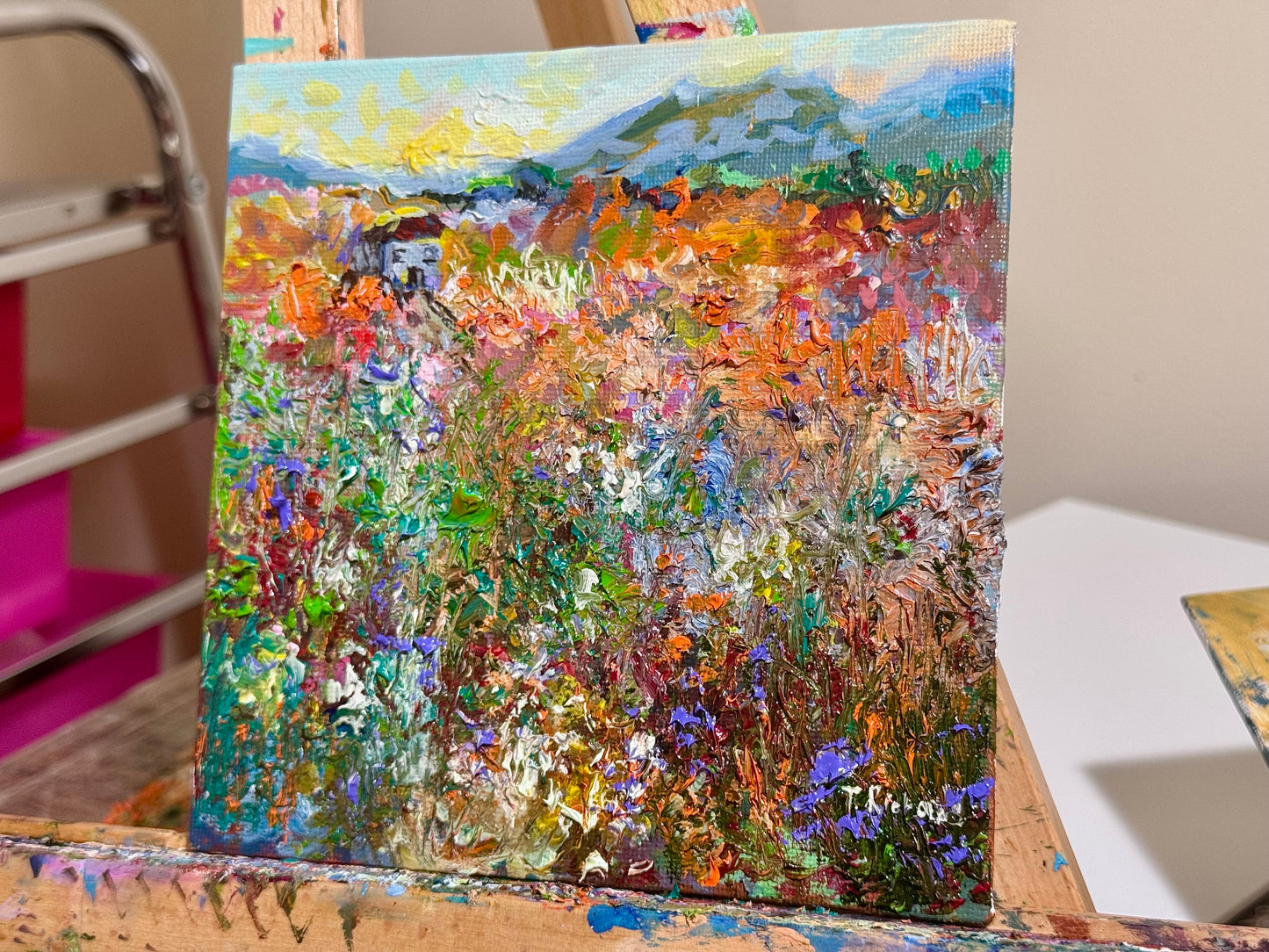 Sunrise Oil Painting 6x6, Original Art Wildflower Prairie Field, House Landscape, Moody Sky, Mountain Countryside Floral on Panel