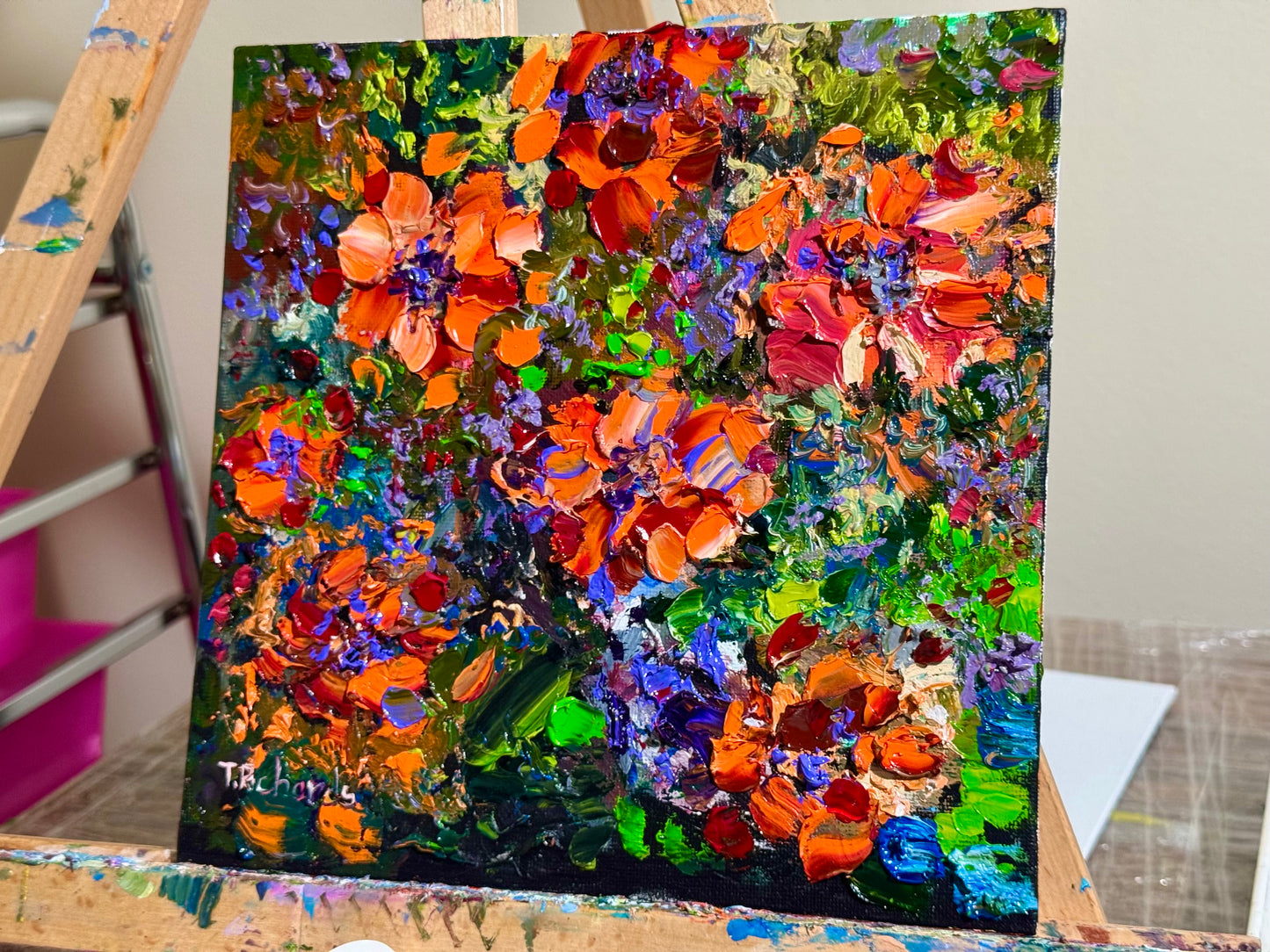 Marigold Oil Painting 8x8, Original Floral Art Panel, Bold Impasto Flowers, Garden Wall Decor, Cottagecore Gardener Gift