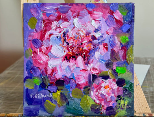 Original Oil Painting 6x6” — Pink Peony and Bud Floral Wall Art Small Flower Still Life Botanical Artwork Canvas Panel Gift for Her