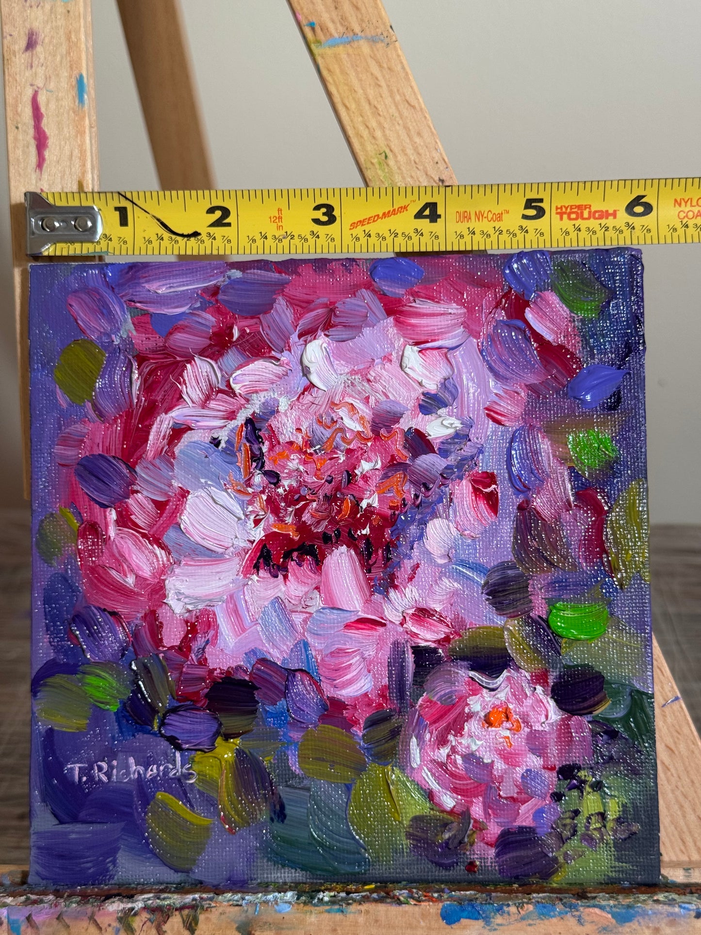 Original Oil Painting 6x6” — Pink Peony and Bud Floral Wall Art Small Flower Still Life Botanical Artwork Canvas Panel Gift for Her