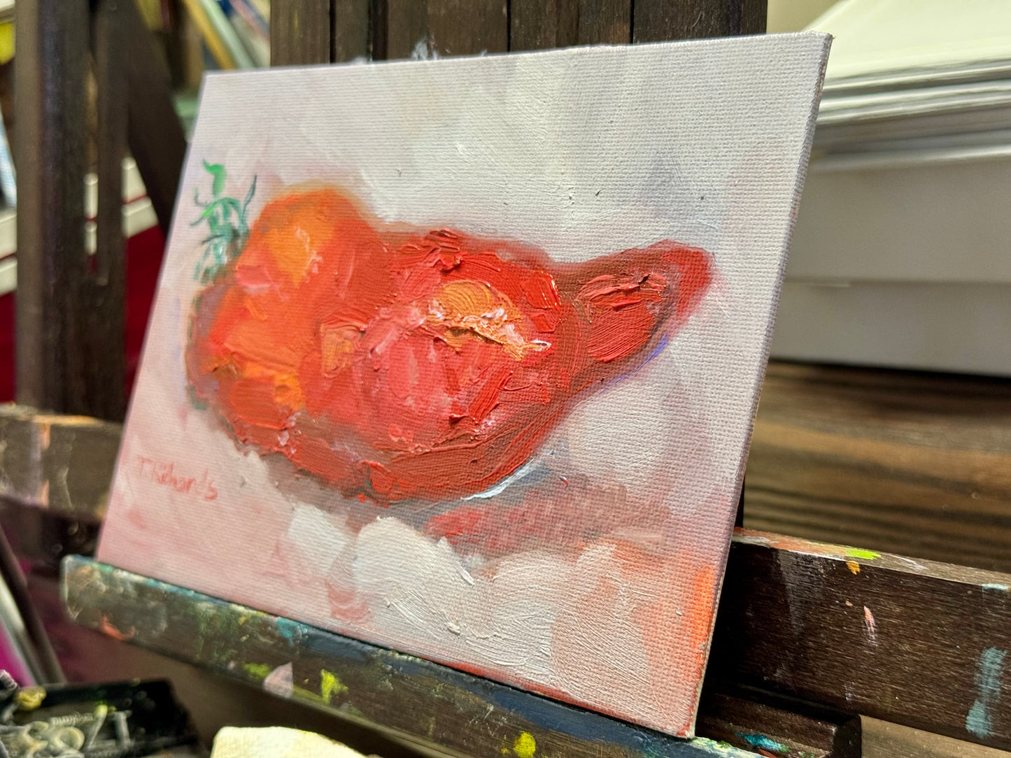 Opalka Paste Tomato Oil Painting 5x7, Original Art, Still Life Artwork, Small Food Wall Art, Kitchen Garden Heirloom Tomatoes