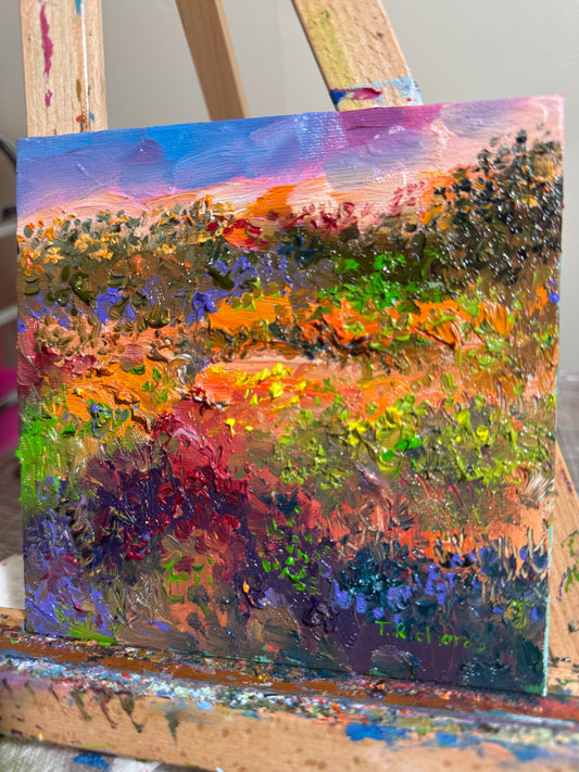 Sunset Forest Oil Painting, Original Art 6x6, Wildflower Field Landscape Panel, Moody Sky Wall Art, Small Nature Gift