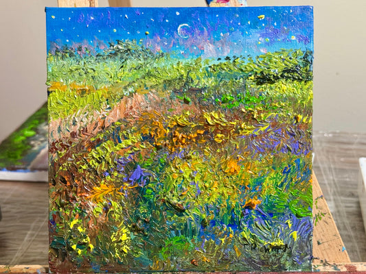 Starry Night Oil Painting, Original Art 6x6, Landscape Field Wildflower Sky Moon, Floral Sunset Wall Decor