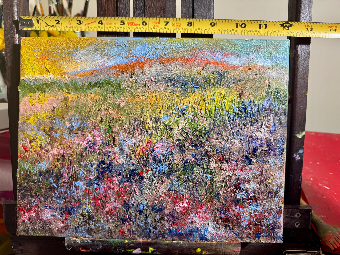 Wildflower Landscape Oil Painting, Sunset Sky 9x12, Abstract Summer Meadow Original Floral Art, Sky Textured Wall Decor