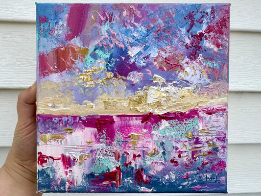 Original Oil Painting 8x8" – Ocean Sunrise Seascape – Small Sunset Landscape on Canvas – Coastal Wall Art – Soft Sky Sea Scene