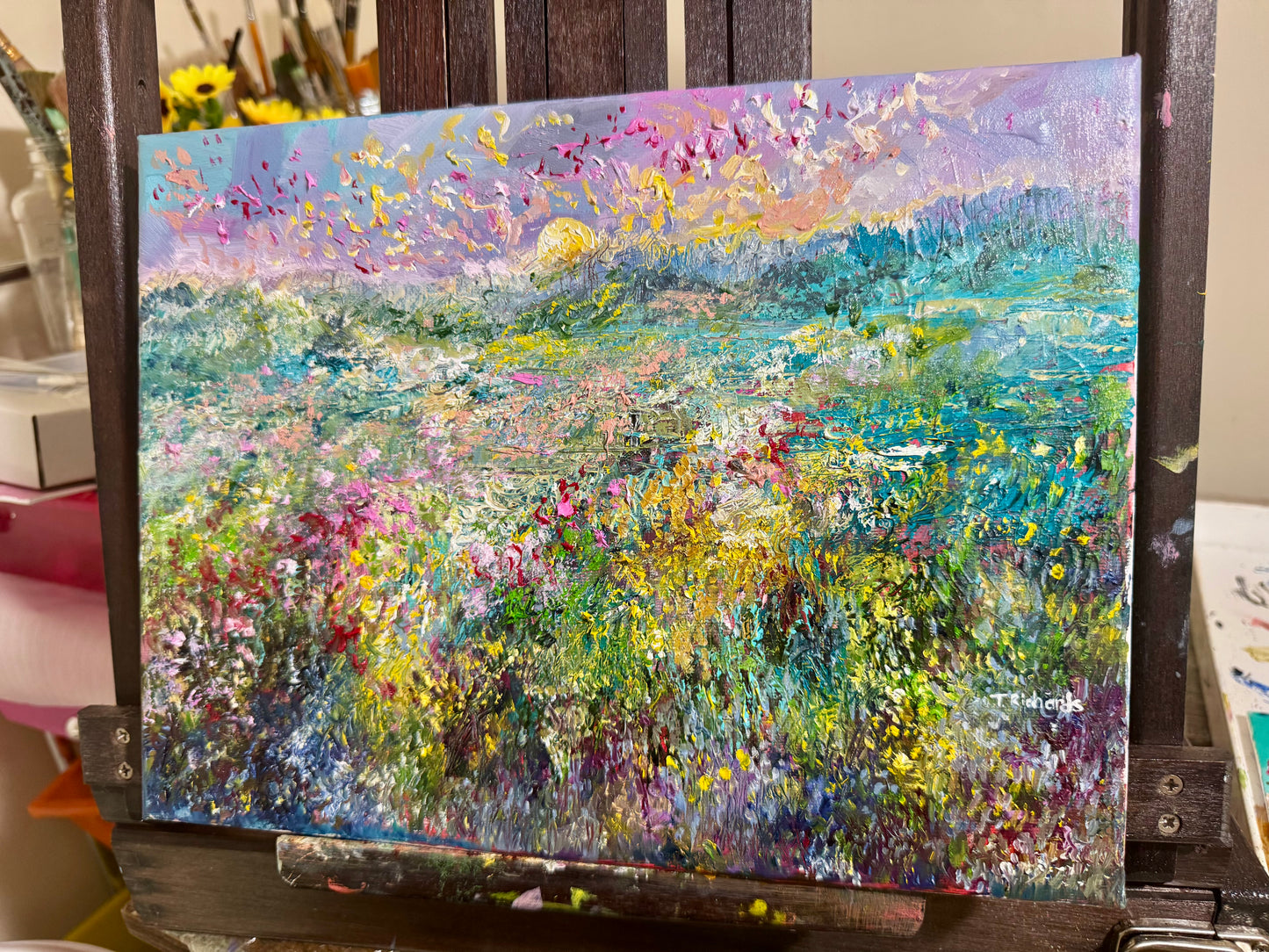Sunrise Forest, Wildflower Landscape Field Original Art, 9x12 Oil Painting Artwork, Handmade Wall Art Nature Scene