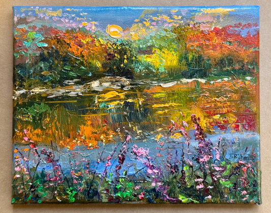 Fall River Oil Painting 8x10, Original Art Maine Landscape, Lupine Field Forest, Stretched Canvas Wall Art