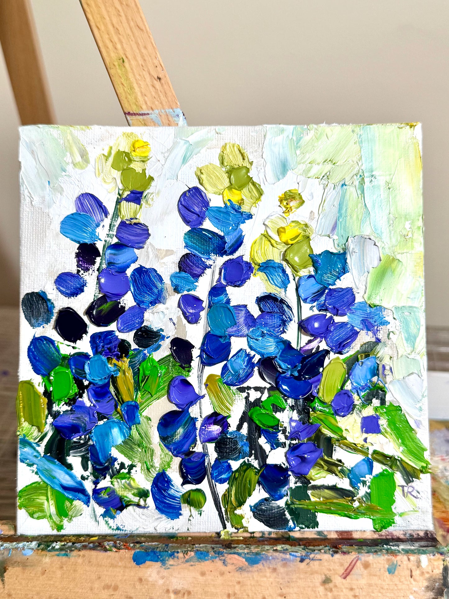 Original Oil Painting 6x6" – Three Lupines – Wildflower Floral Art – Blue Purple Flower Still Life – Nature Painting