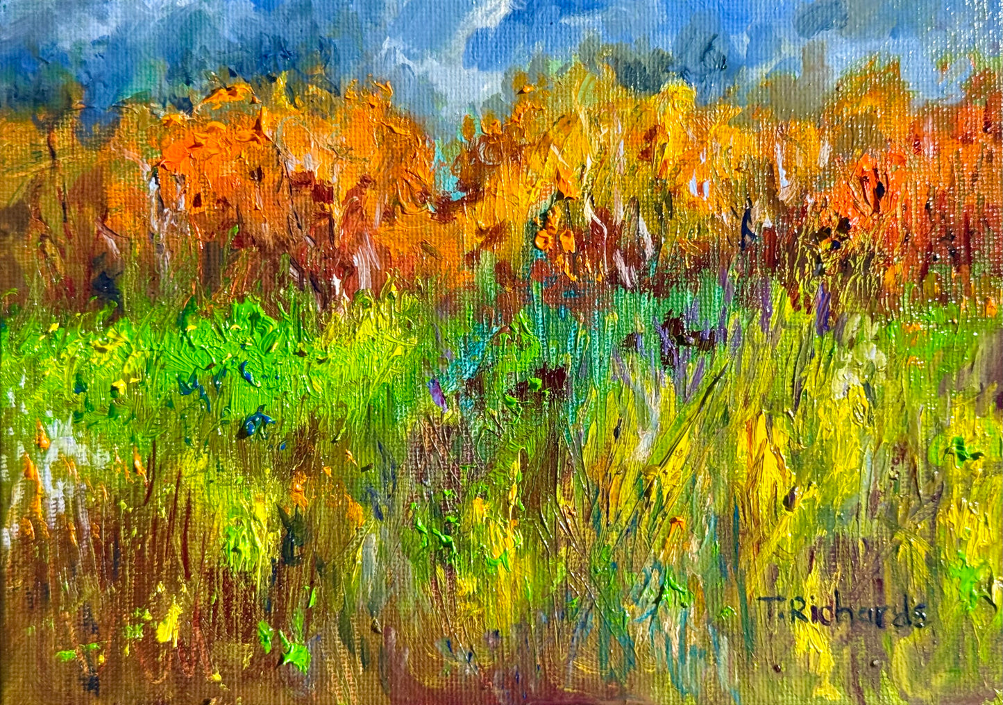 Autumn Oil Painting 5x7, Original Art Fall Landscape, Forest Field, Small Nature Art