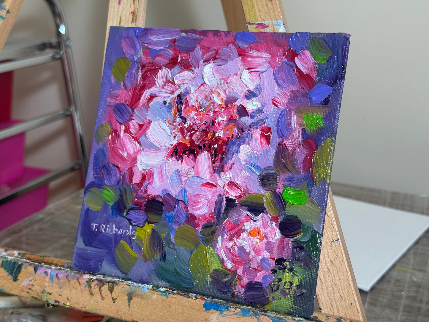 Original Oil Painting 6x6” — Pink Peony and Bud Floral Wall Art Small Flower Still Life Botanical Artwork Canvas Panel Gift for Her