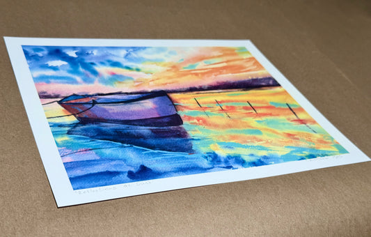 Boat Sunset Archival PRINT Signed, Coastal Landscape Wall Art, Nautical Decor, Ocean Sunset, Archival Ink on Fine Art Paper