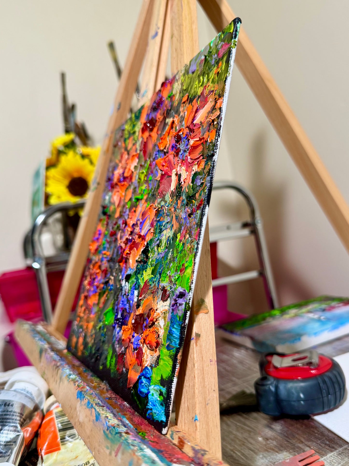 Marigold Oil Painting 8x8, Original Floral Art Panel, Bold Impasto Flowers, Garden Wall Decor, Cottagecore Gardener Gift