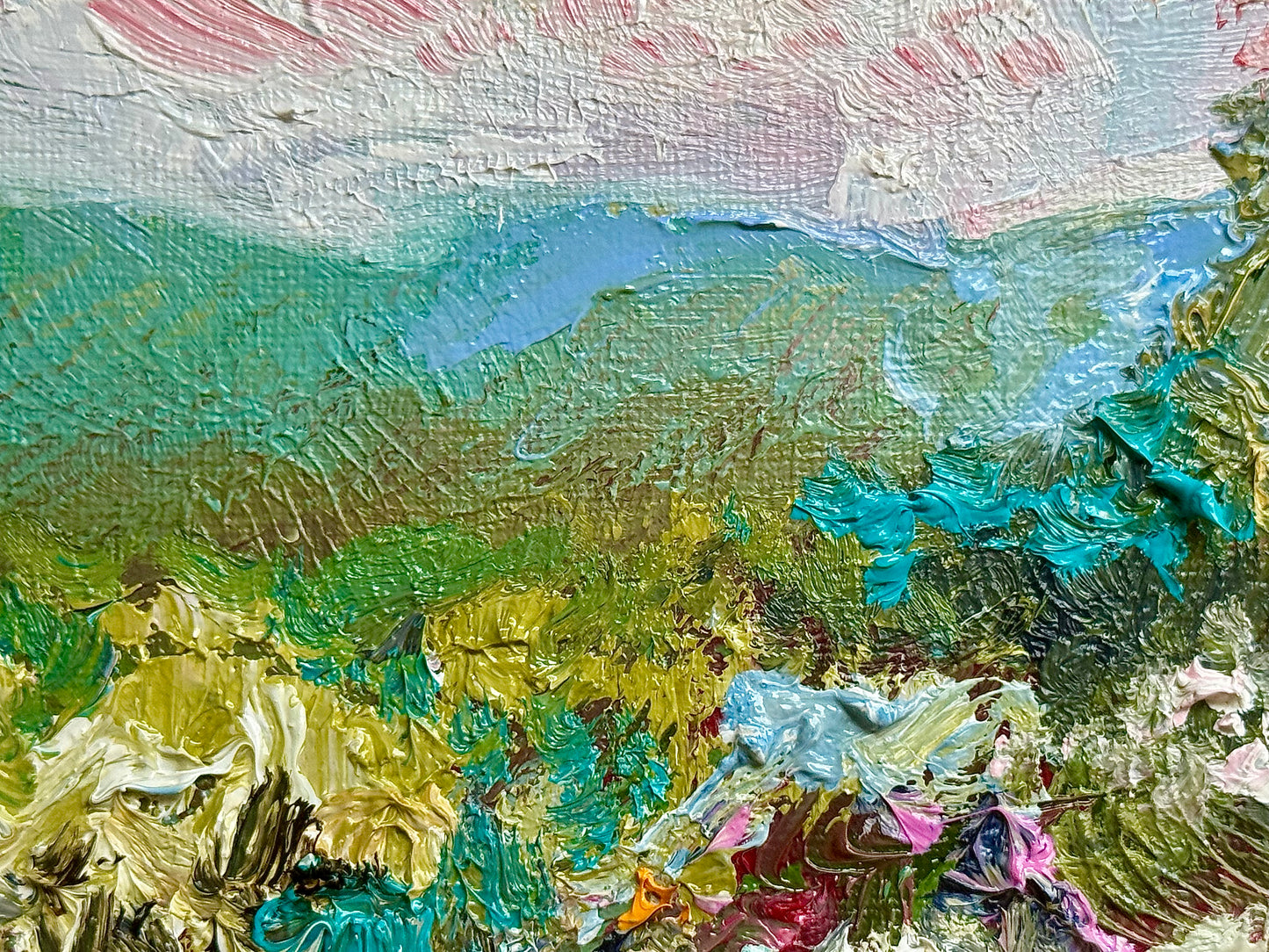 Countryside Farmhouse Oil Painting 8x8, Original Mountain Wildflower Landscape Artwork, Rustic Country Home Wall Art