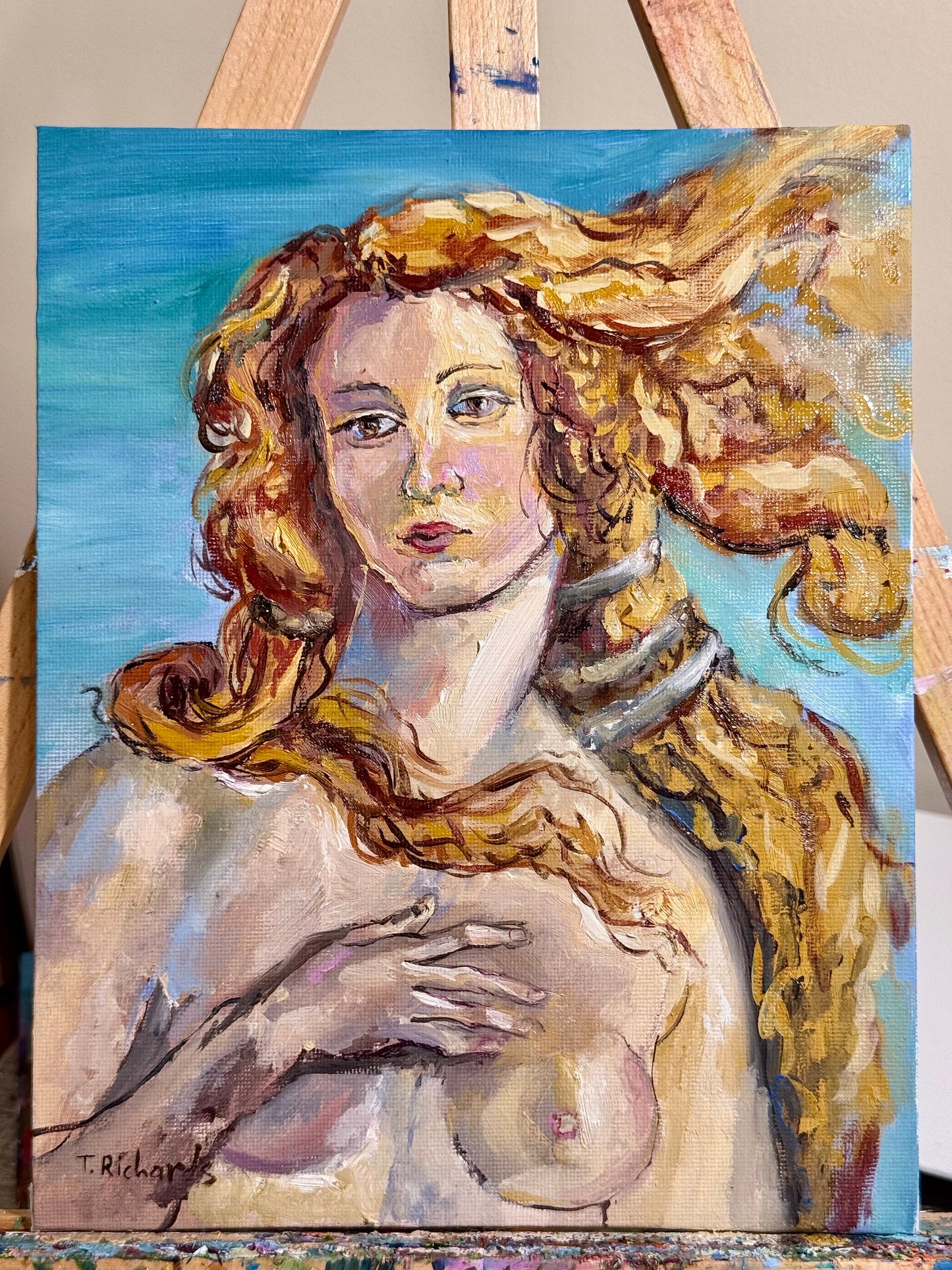 Venus Inspired Portrait Oil Painting, Original Art 8x10, Classical Figurative Wall Art, Blonde Nude Woman Mythical Feminine