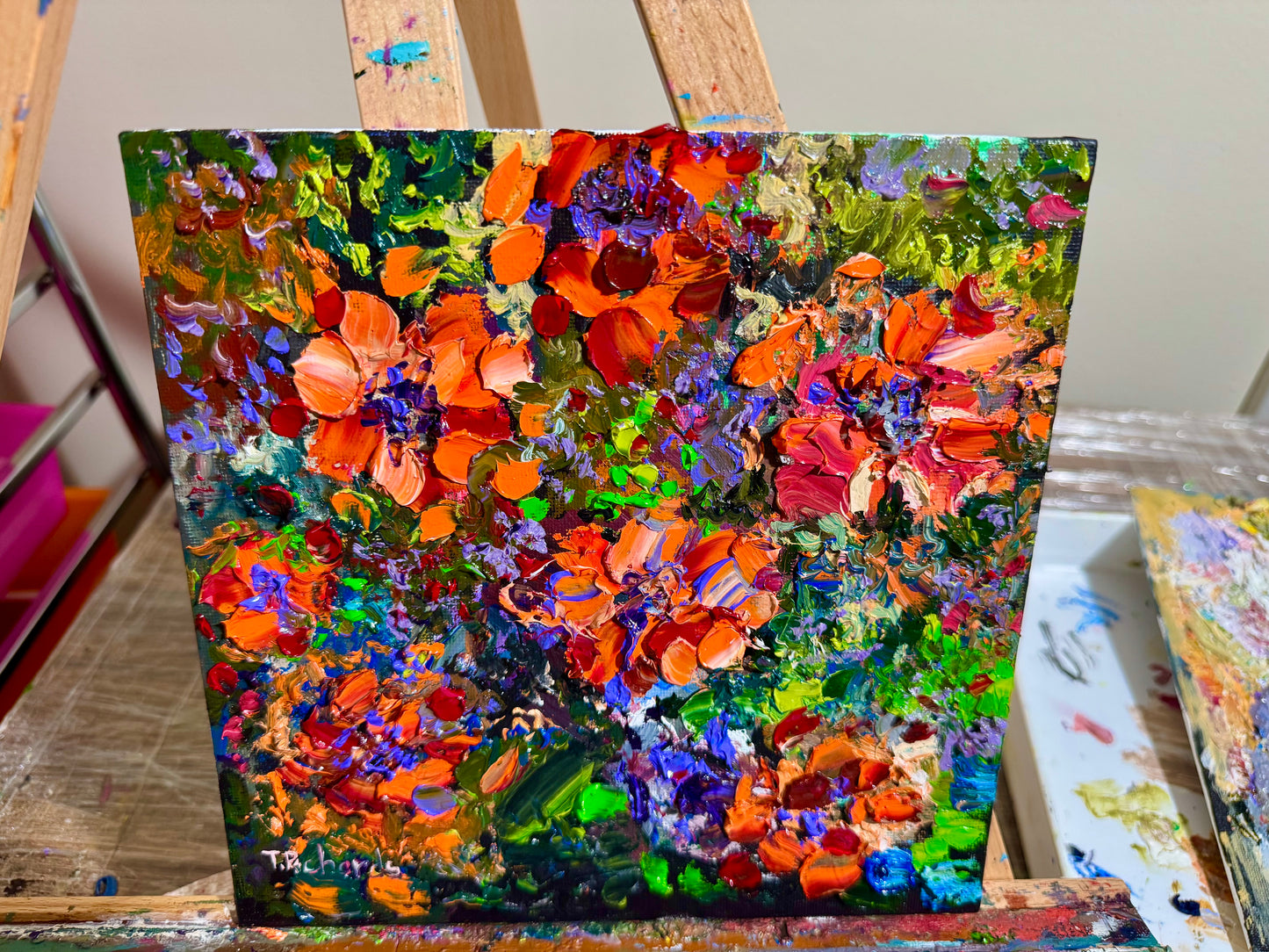 Marigold Oil Painting 8x8, Original Floral Art Panel, Bold Impasto Flowers, Garden Wall Decor, Cottagecore Gardener Gift
