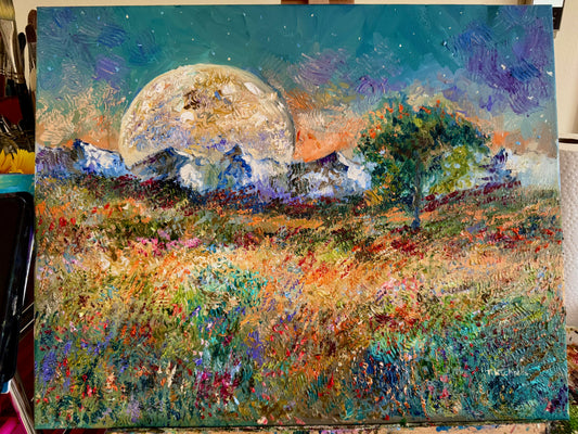 Original Oil Painting 16x20" – Windflower Field Landscape – Mountain Forest and Big Moon – Floral Nature Wall Art on Canvas