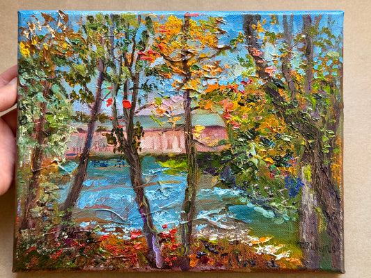 Lowes Bridge Maine Oil Painting 8x10, Original Art Landscape, Piscataquis River Forest, Stretched Canvas Wall Art