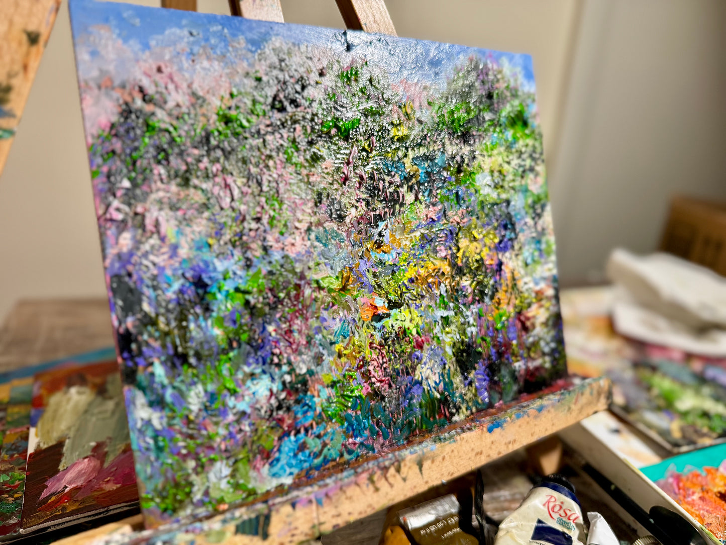 Sunset Forest Oil Painting, Original Art 8x10, Wildflower Field Landscape Flower Wall Art, Abstract Lupine Floral