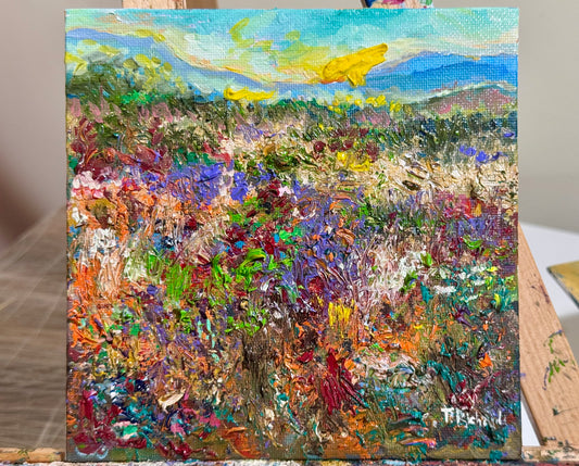 Sunrise Oil Painting 6x6, Original Wildflower Field Panel, Blue Mountain Landscape Art, Moody Sky Wall Decor, Small Nature Gift