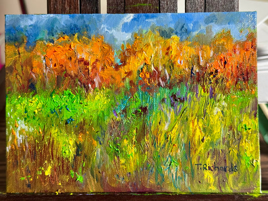 Autumn Oil Painting 5x7, Original Art Fall Landscape, Forest Field, Small Nature Art