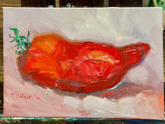 Opalka Paste Tomato Oil Painting 5x7, Original Art, Still Life Artwork, Small Food Wall Art, Kitchen Garden Heirloom Tomatoes