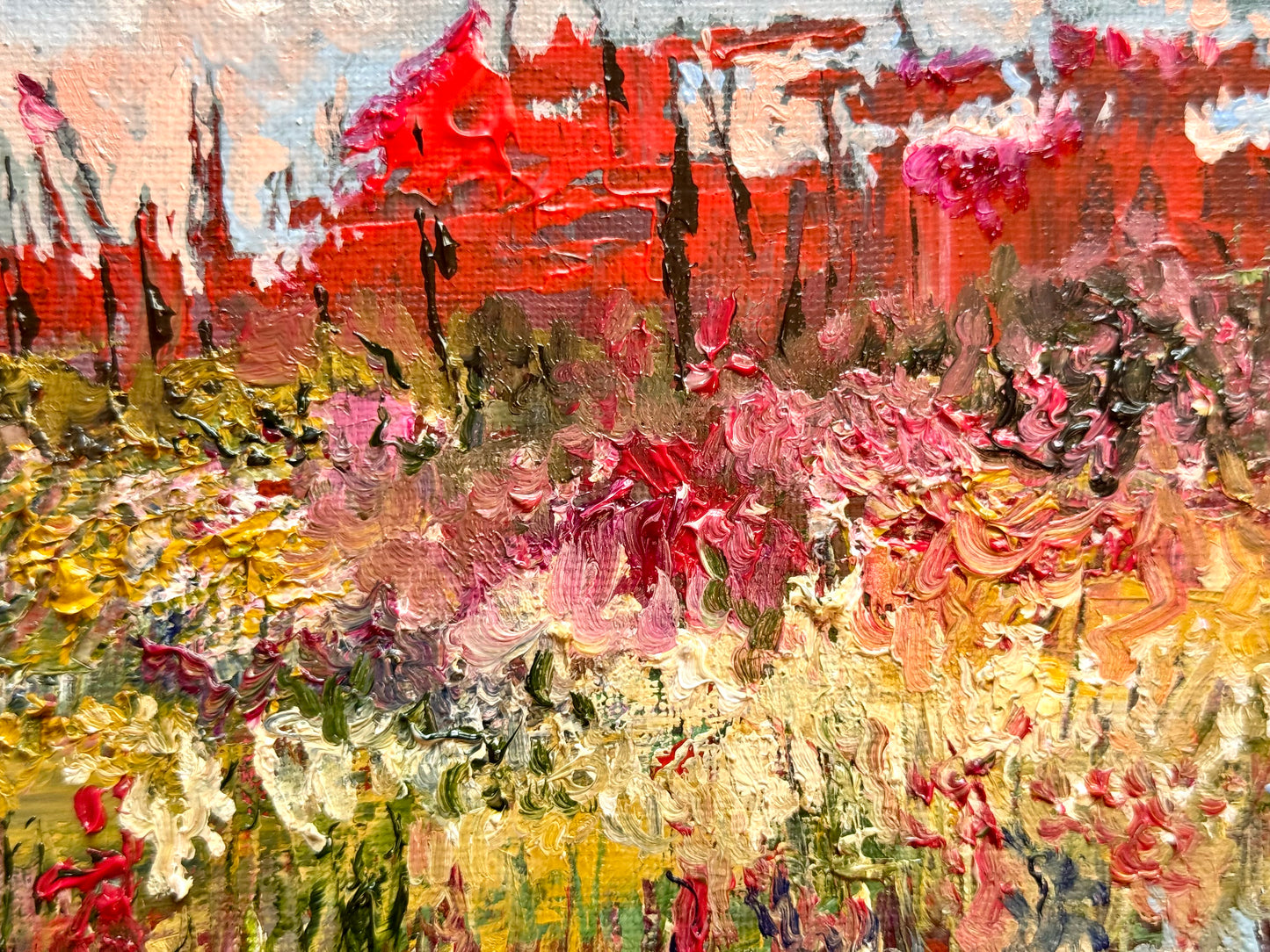 Fall in Maine Oil Painting 9x12", New England Landscape, Red Trees Forest and Wildflower Field, Stretched Canvas Wall Art