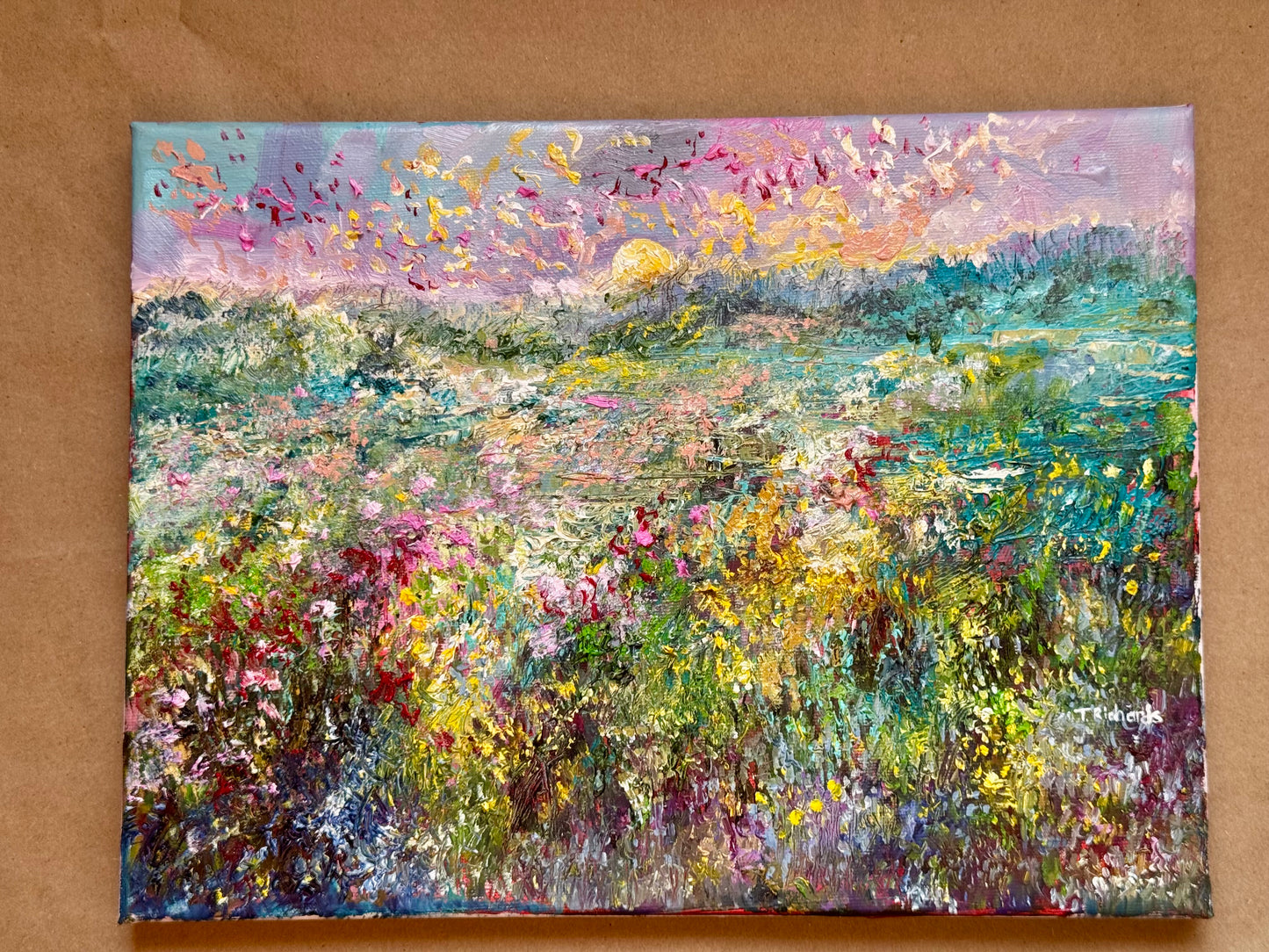 Sunrise Forest, Wildflower Landscape Field Original Art, 9x12 Oil Painting Artwork, Handmade Wall Art Nature Scene