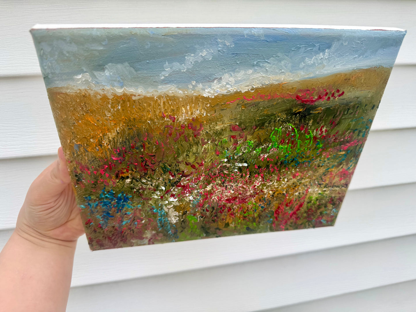 Original Oil Painting 8x10" – Windflower Field Landscape – Moody Gray Sky and Forest – Brown Meadow Wall Art – Nature Scene on Canvas