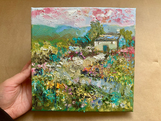 Countryside Farmhouse Oil Painting 8x8, Original Mountain Wildflower Landscape Artwork, Rustic Country Home Wall Art