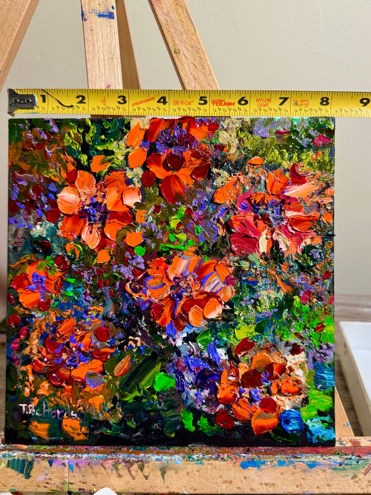 Marigold Oil Painting 8x8, Original Floral Art Panel, Bold Impasto Flowers, Garden Wall Decor, Cottagecore Gardener Gift