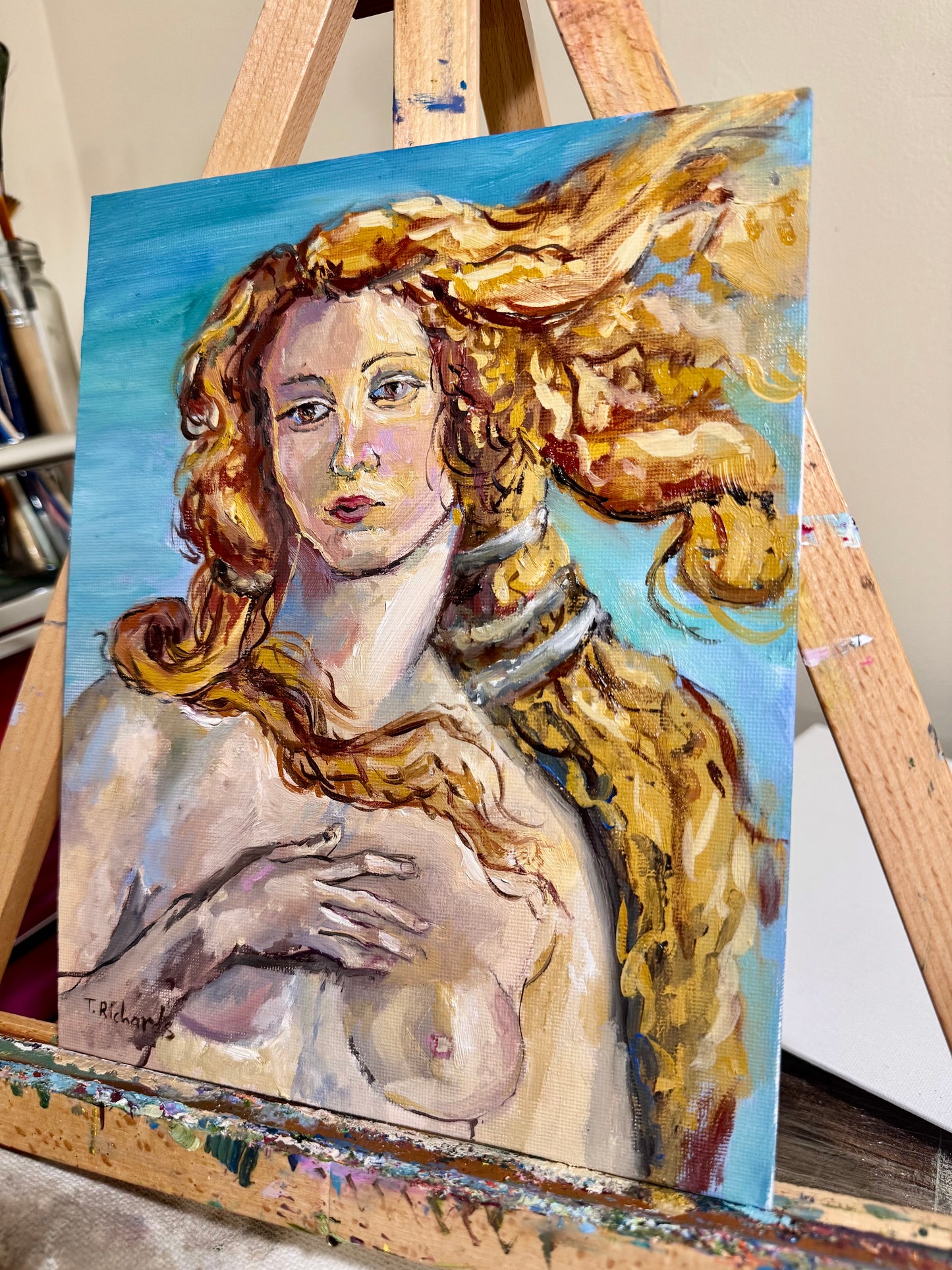 Venus Inspired Portrait Oil Painting, Original Art 8x10, Classical Figurative Wall Art, Blonde Nude Woman Mythical Feminine
