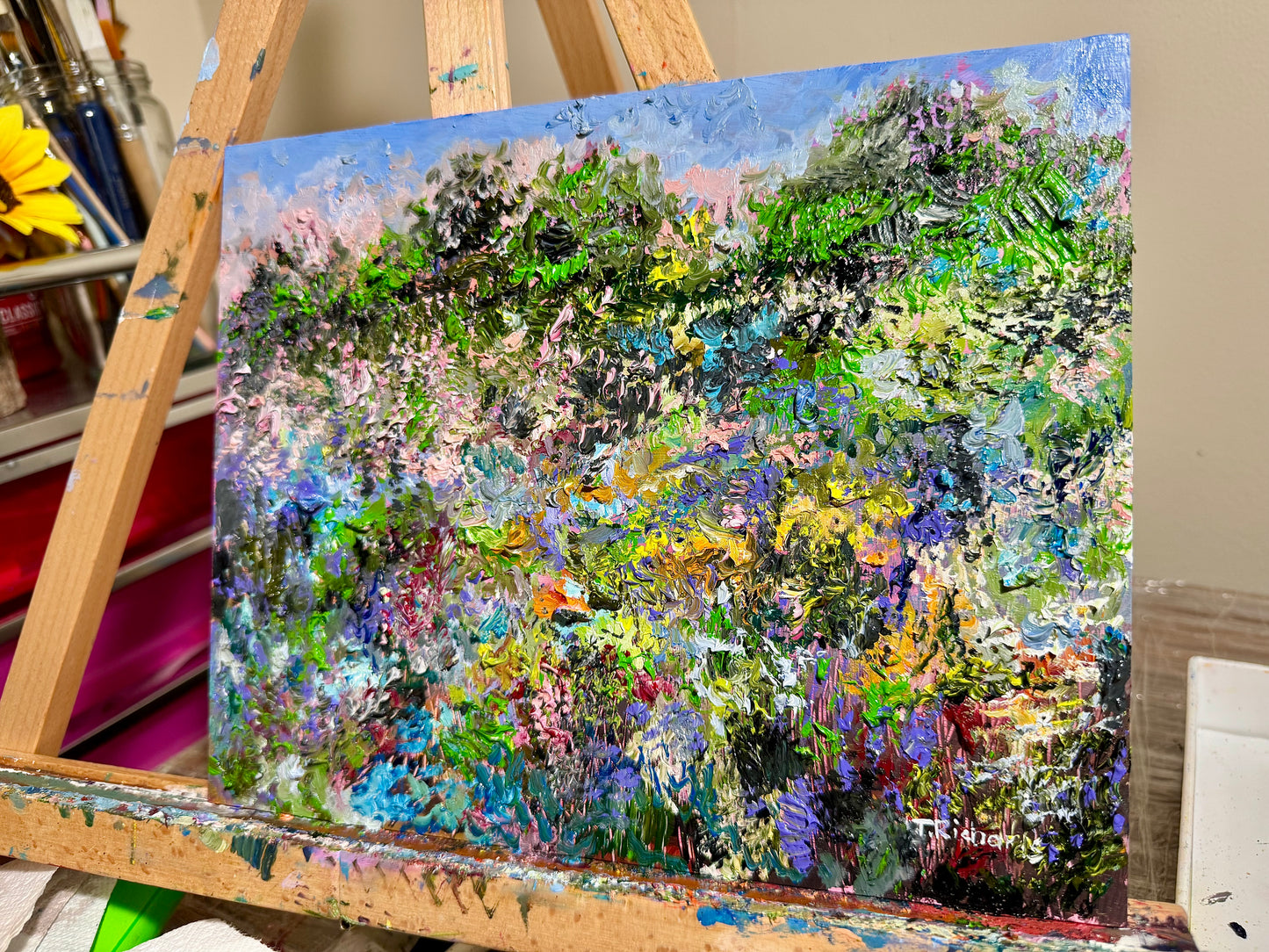 Sunset Forest Oil Painting, Original Art 8x10, Wildflower Field Landscape Flower Wall Art, Abstract Lupine Floral