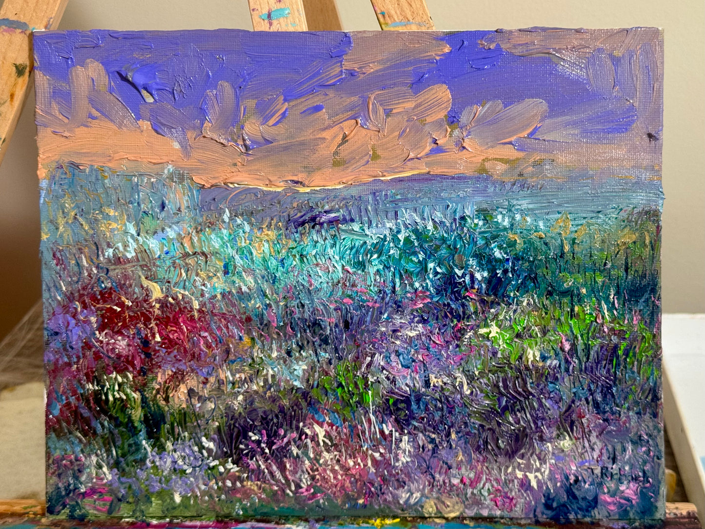 Original Oil Painting 8x10" – Wildflower Meadow Sunset – Pink Purple Sky – Landscape Wall Art – Floral Nature Scene – Signed Artwork