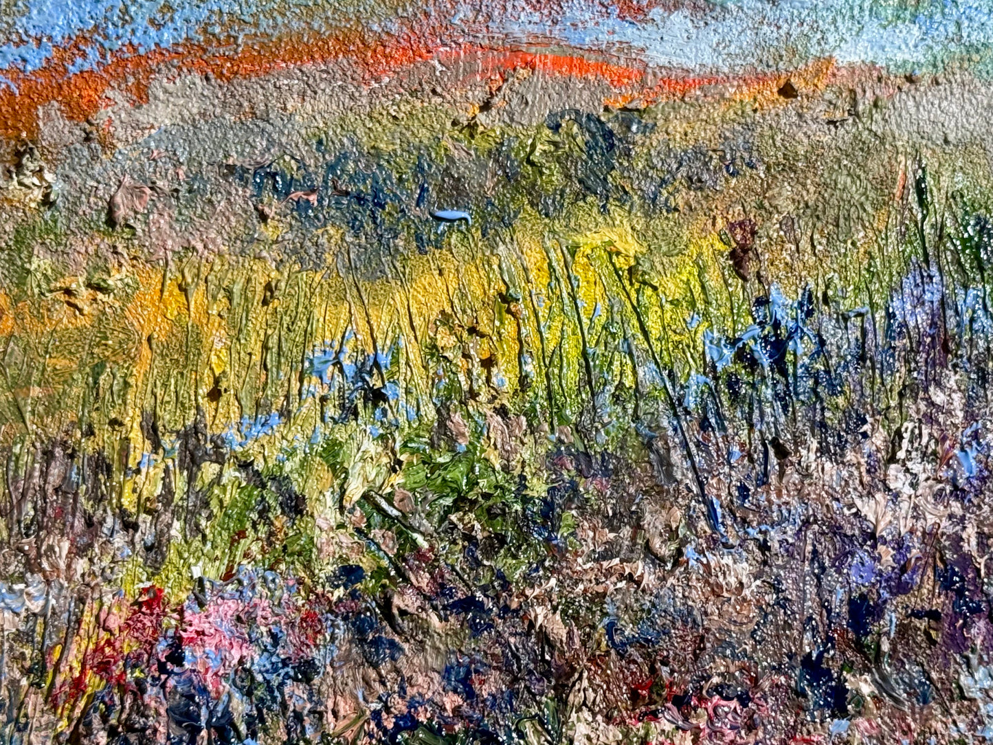 Wildflower Landscape Oil Painting, Sunset Sky 9x12, Abstract Summer Meadow Original Floral Art, Sky Textured Wall Decor