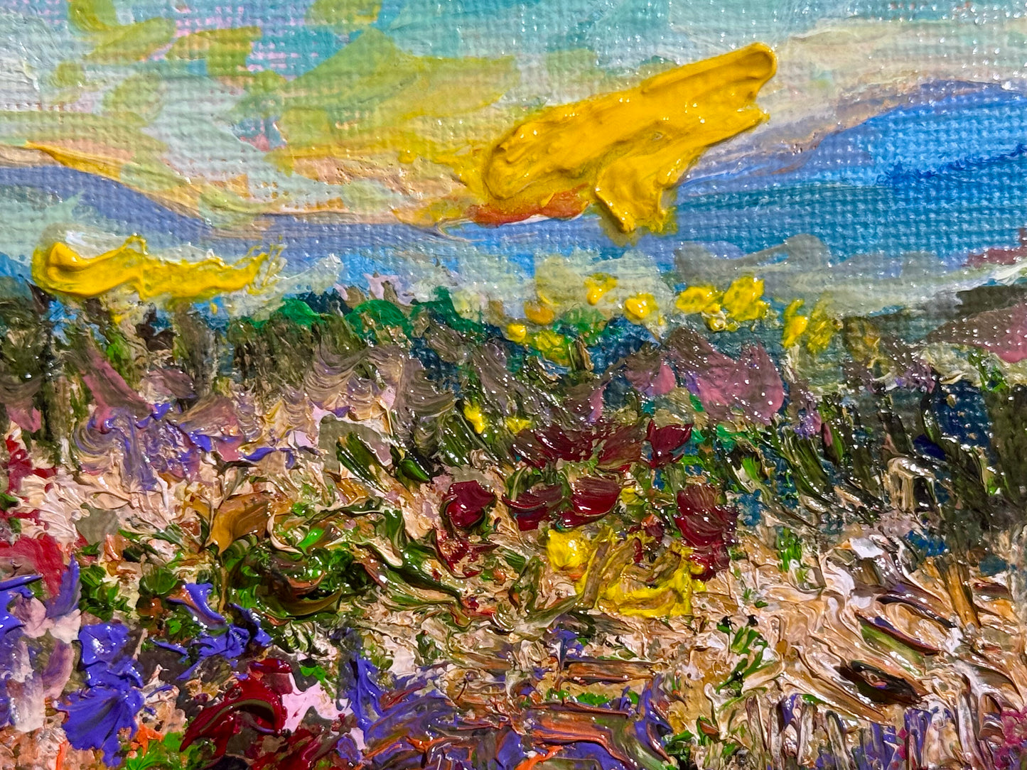 Sunrise Oil Painting 6x6, Original Wildflower Field Panel, Blue Mountain Landscape Art, Moody Sky Wall Decor, Small Nature Gift