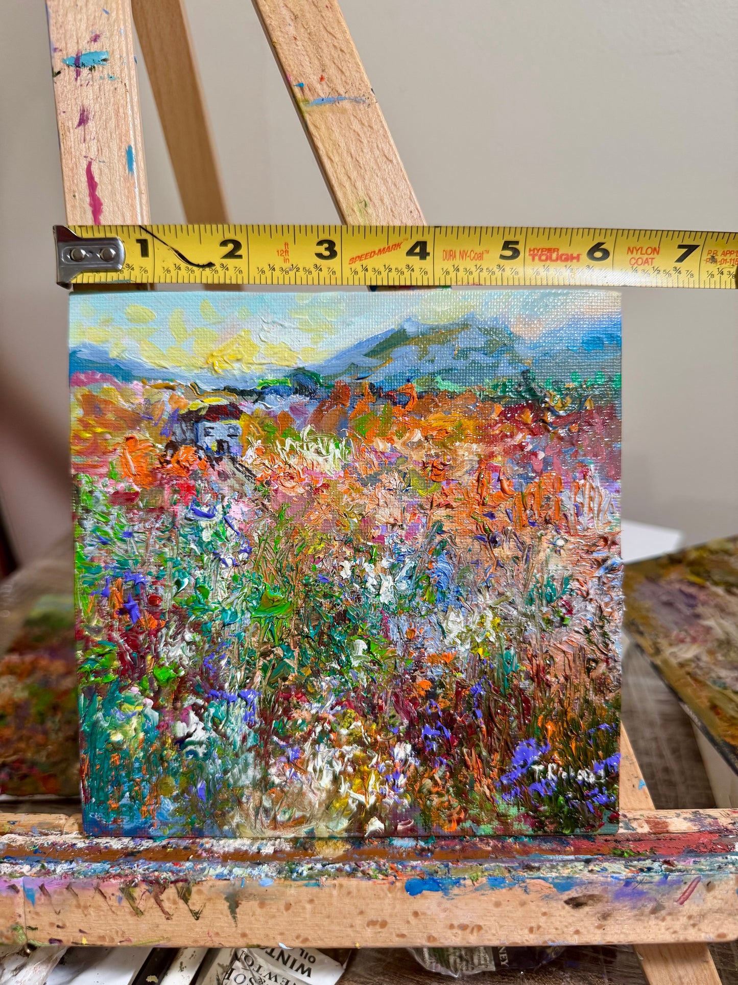 Sunrise Oil Painting 6x6, Original Art Wildflower Prairie Field, House Landscape, Moody Sky, Mountain Countryside Floral on Panel