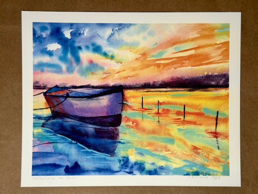 Boat Sunset Archival PRINT Signed, Coastal Landscape Wall Art, Nautical Decor, Ocean Sunset, Archival Ink on Fine Art Paper