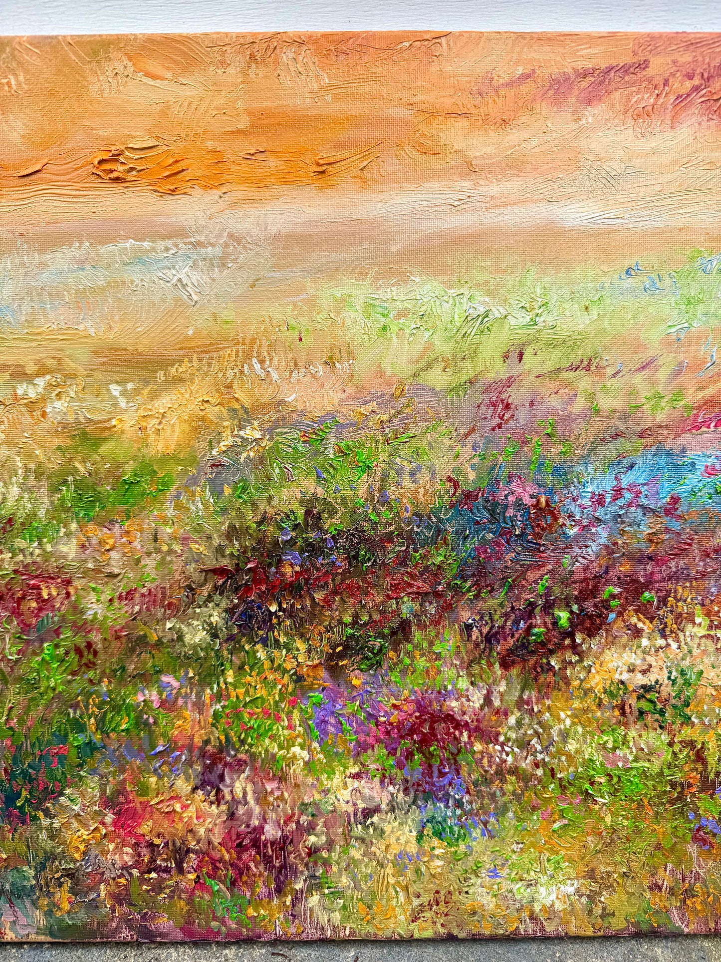 Wildflower Landscape Oil Painting Original Art 15x30” – Meadow Wall Art on Canvas – Earthy Nature Scene