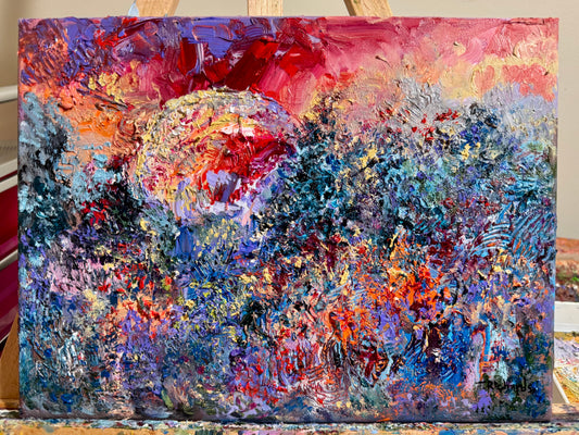 Original Oil Painting 9x12" – Blood Red Moon Gothic Night Forest – Pine Tree Wall Art Witchy Textured Expressionist Nature Artwork