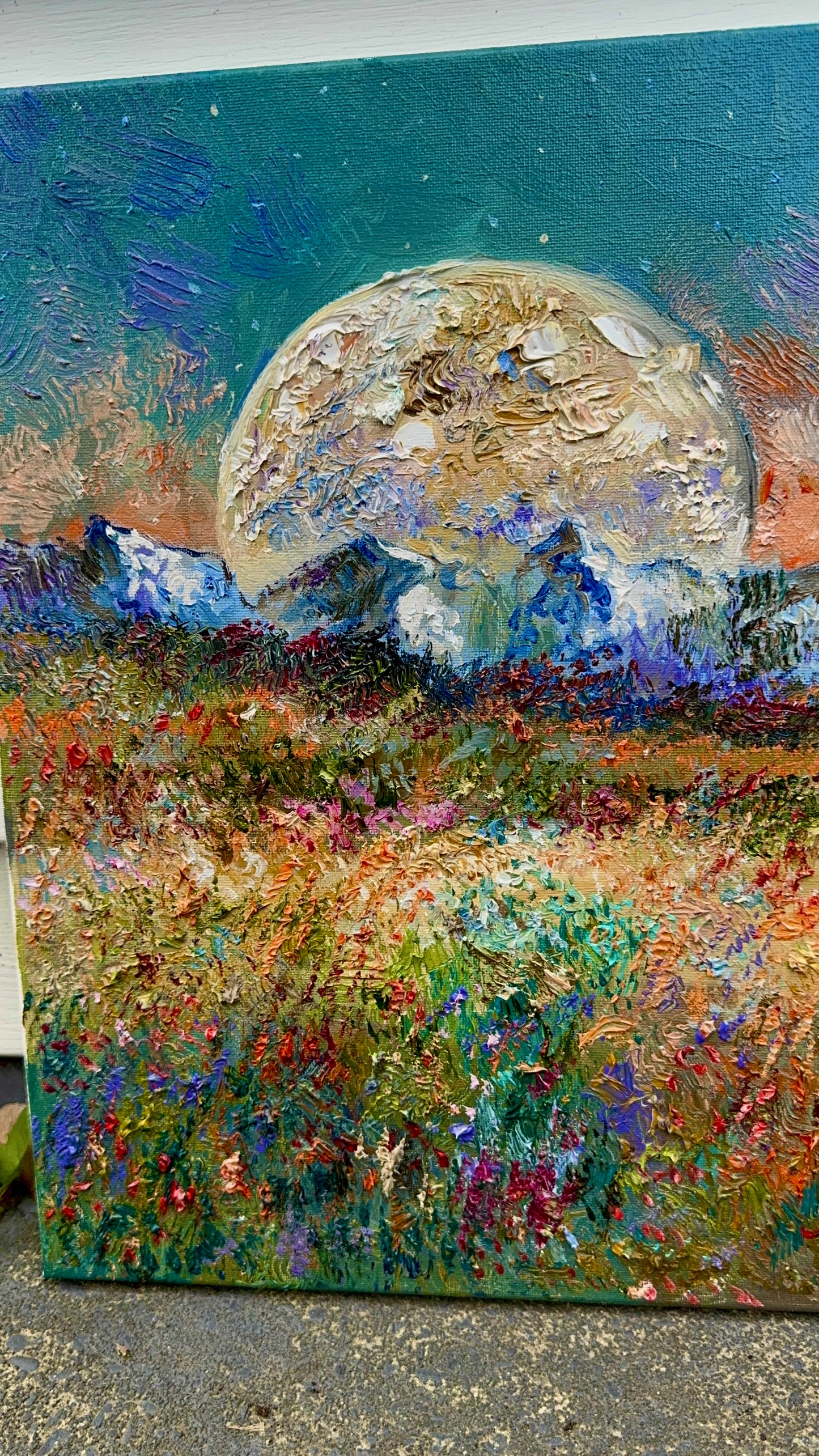 Original Oil Painting 16x20" – Windflower Field Landscape – Mountain Forest and Big Moon – Floral Nature Wall Art on Canvas