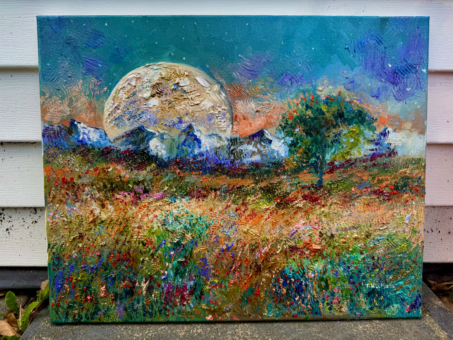 Original Oil Painting 16x20" – Windflower Field Landscape – Mountain Forest and Big Moon – Floral Nature Wall Art on Canvas