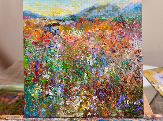 Sunrise Oil Painting 6x6, Original Art Wildflower Prairie Field, House Landscape, Moody Sky, Mountain Countryside Floral on Panel