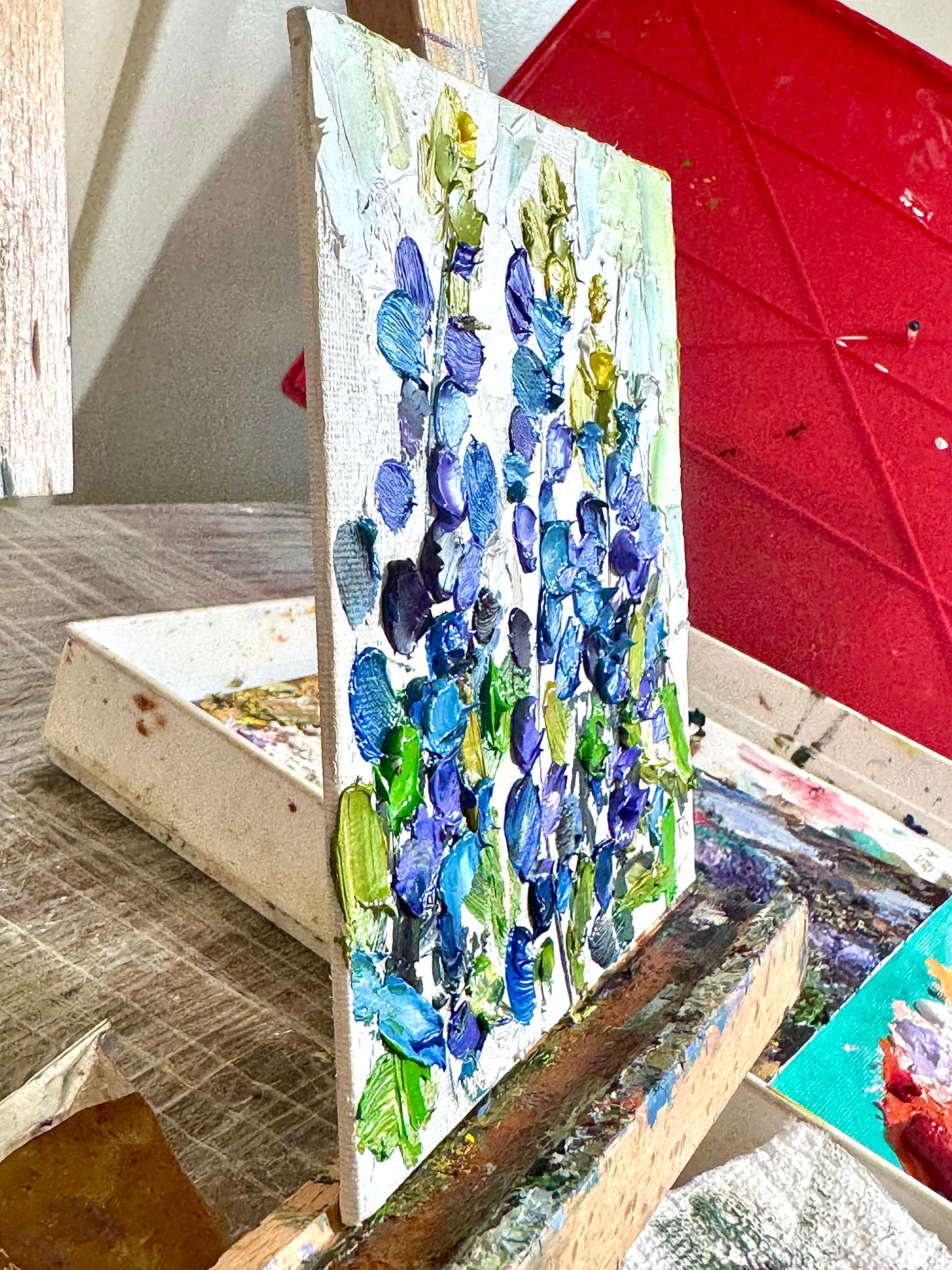 Original Oil Painting 6x6" – Three Lupines – Wildflower Floral Art – Blue Purple Flower Still Life – Nature Painting