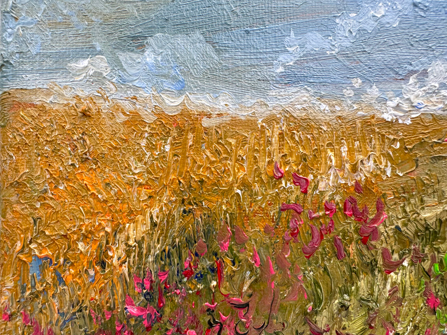 Original Oil Painting 8x10" – Windflower Field Landscape – Moody Gray Sky and Forest – Brown Meadow Wall Art – Nature Scene on Canvas