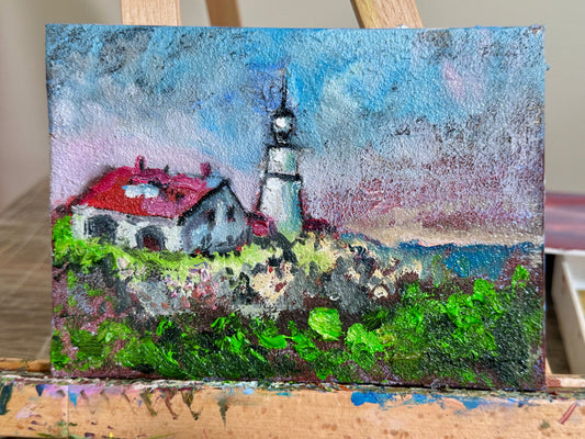 Original Oil Painting 5x7" – Portland Head Light Maine – Coastal Landscape Wall Art – Seascape on Canvas Home Decor Artwork